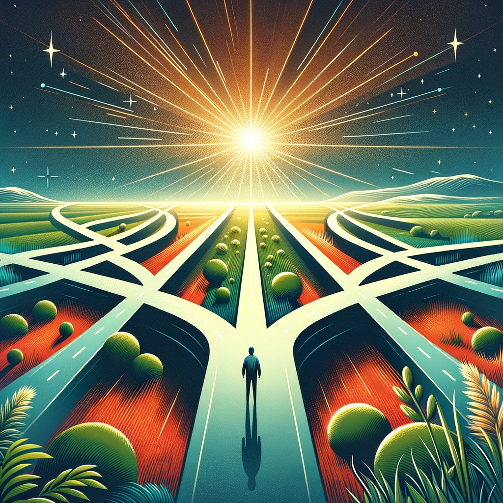 An illustrated image of a person standing at the start of a path that splits into multiple directions, symbolizing the beginning of a new journey, with a bright, inviting landscape ahead