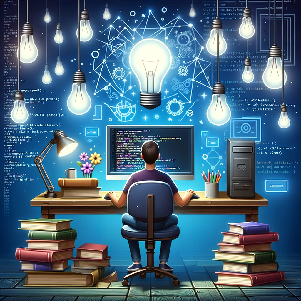 A digital illustration of a person sitting at a desk, surrounded by books and a computer, with code on the screen and light bulbs overhead representing new ideas in programming.