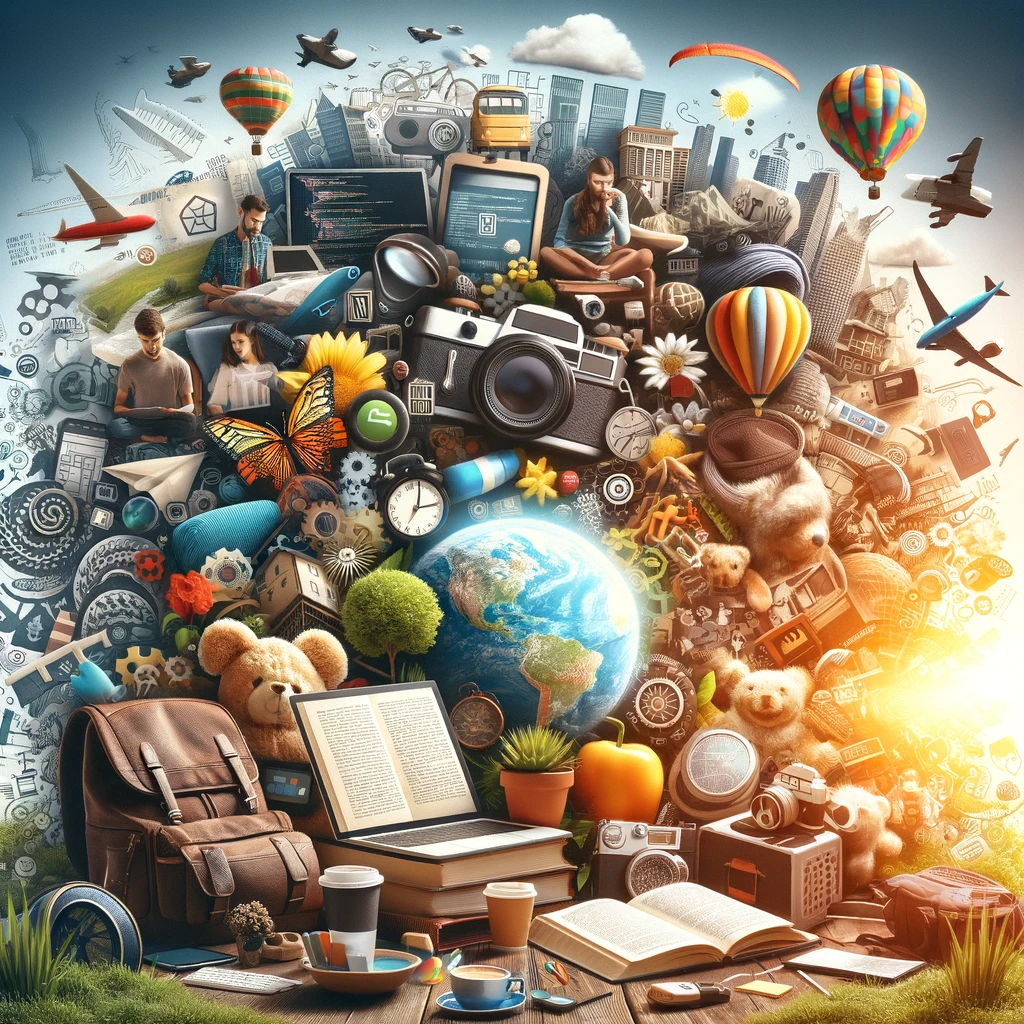 A collage of various hobbies and lifestyle activities, including programming, traveling, reading, and outdoor activities, blended into a cohesive and inviting image.